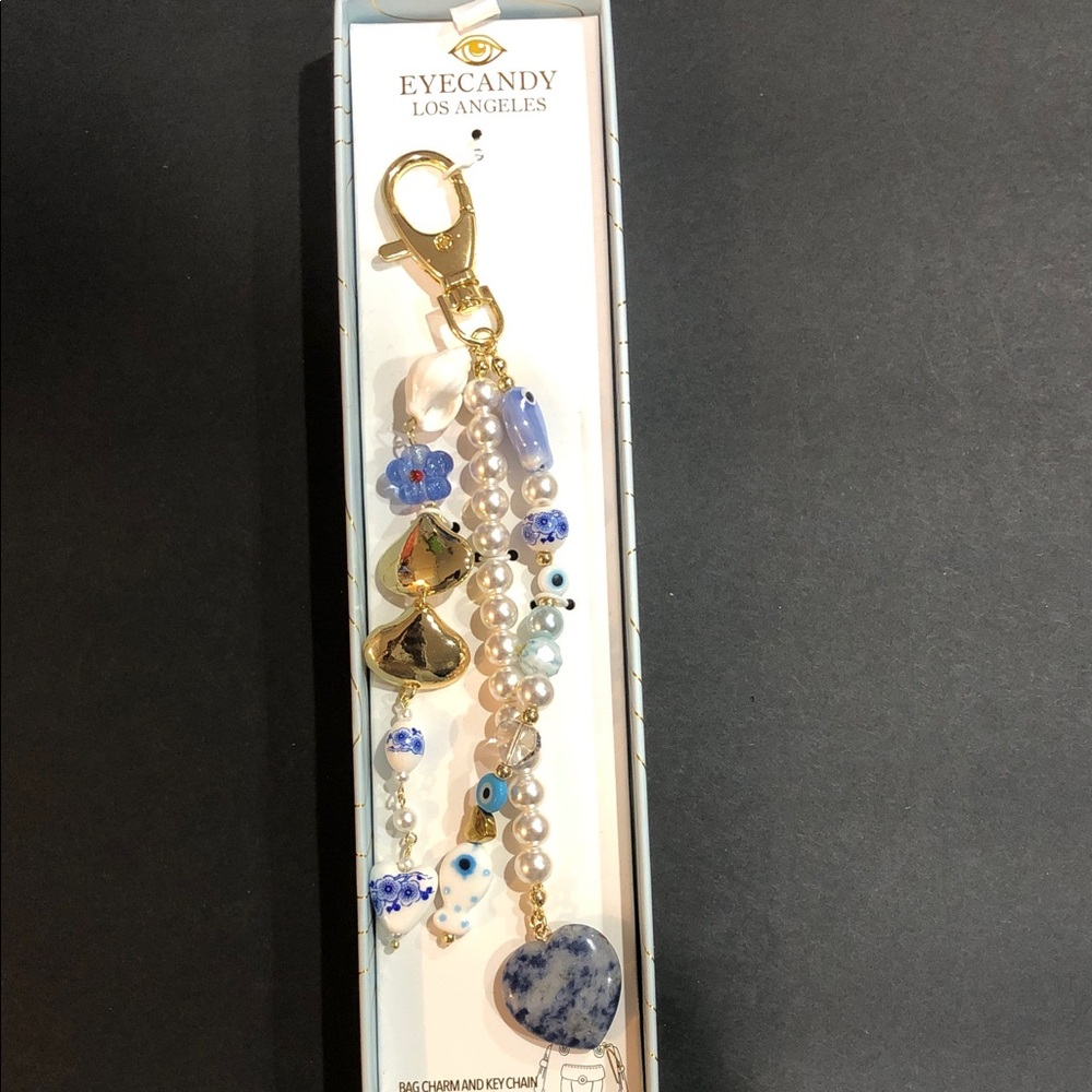 Eyecandy gold plated blue turquoise stones and pearls bag charm and keychain new